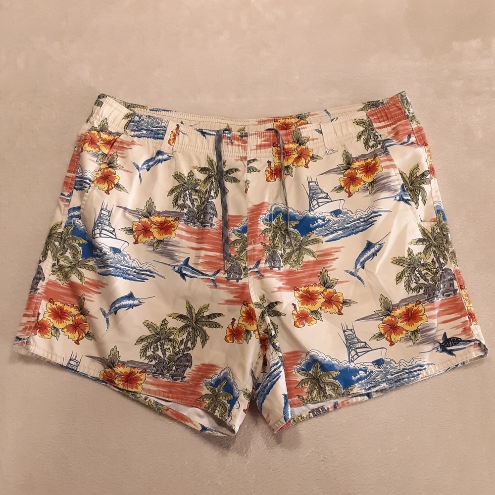 Aftco Mens Strike Printed Swim Shorts L Biege Tropic Scenic Print Marlin Fish